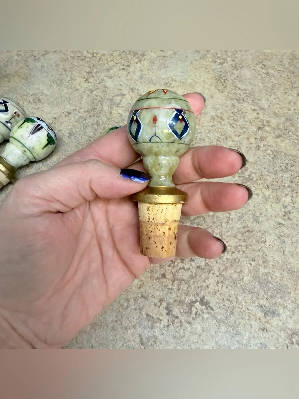Pier1 Imports 3” Hand Painted Stone Bottle Stoppers Set of Four